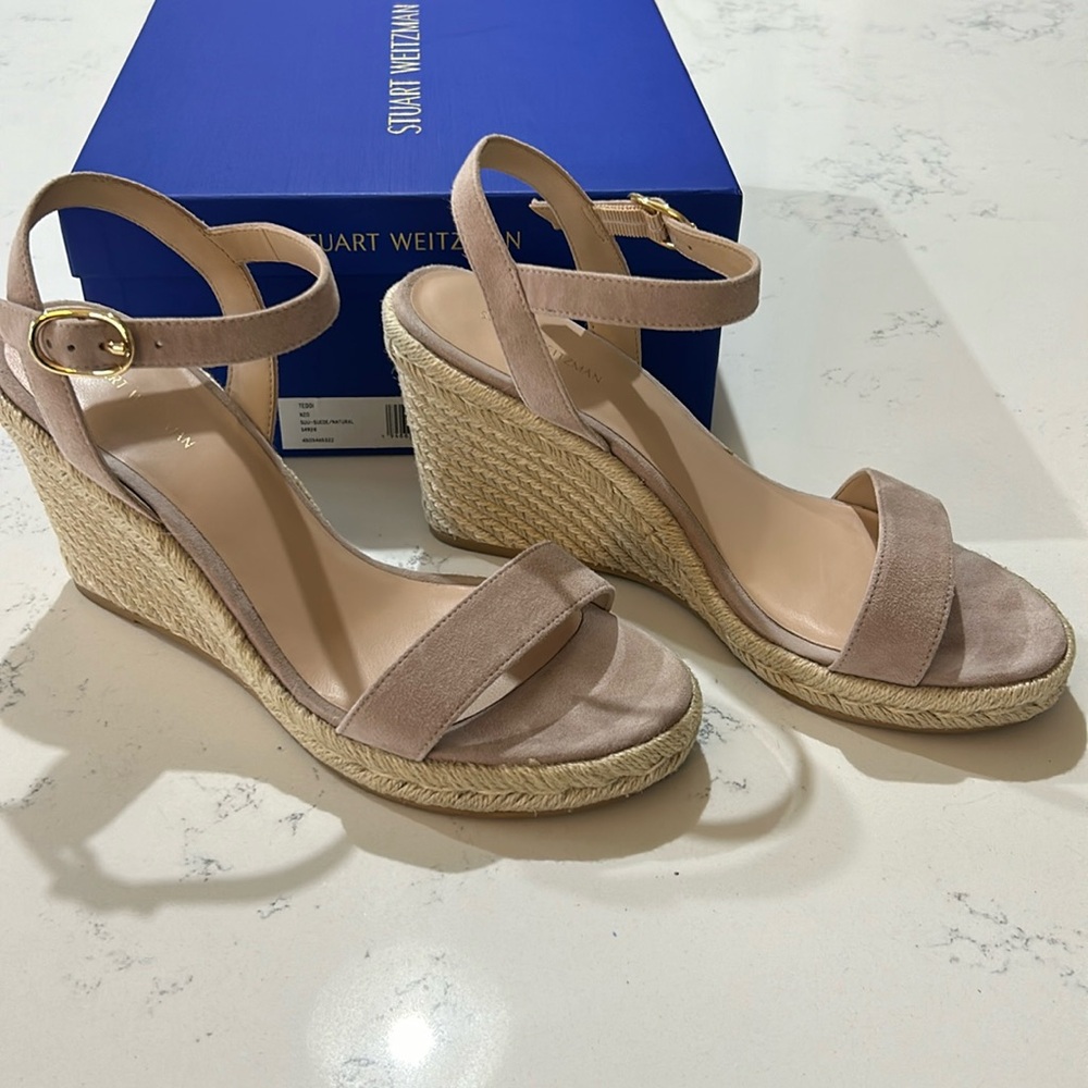 Stuart Weitzman Teddi suede espadrille wedge sandals heels Nude jute